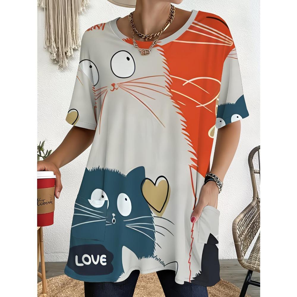 Women s Summer Short Sleeved T-shirt, 3D Printed Pocket T-shirt, Casual Plus Size T-shirt 3XL