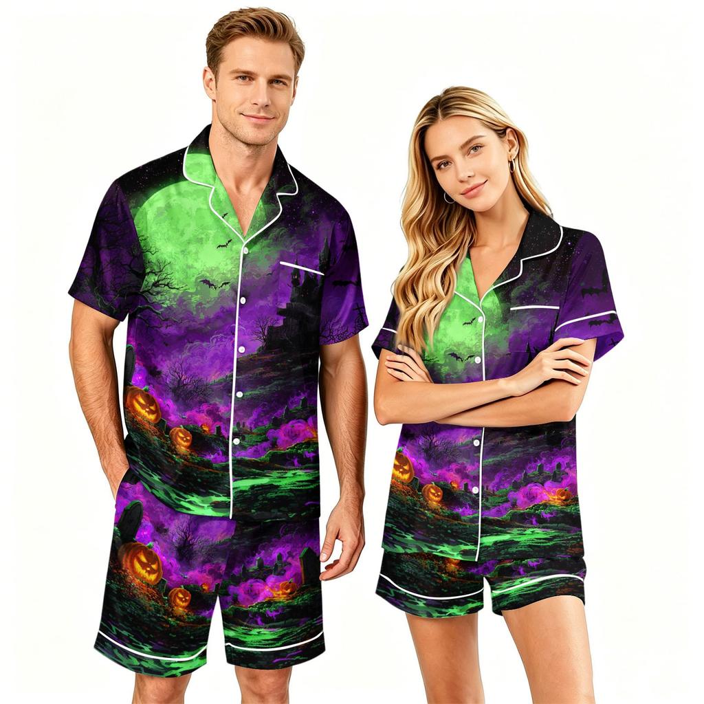 Couple Matching Halloween Pajama Set Short Sleeve Button Down Shirt with Curved Hem and Shorts Soft Casual Sleepwear S To XXXXL