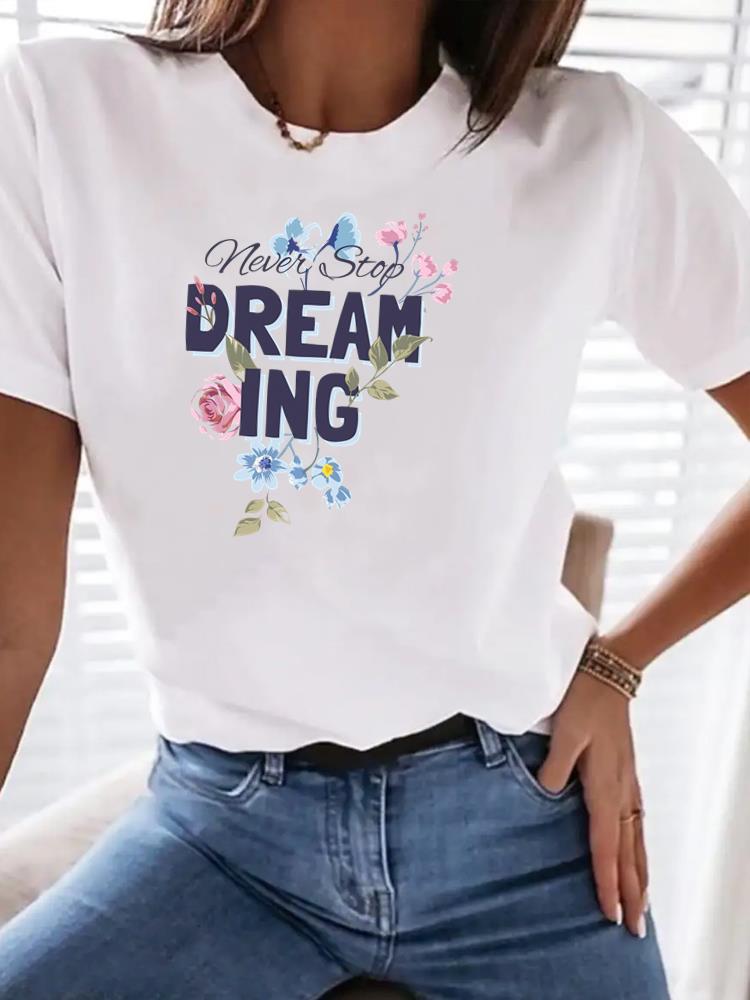 (Aziatische maat) letter bloem schattig Print Dameskleding T-shirt Top Vrouw Korte Mouw T-shirt Mode Vrouwelijke Grafische T-shirts