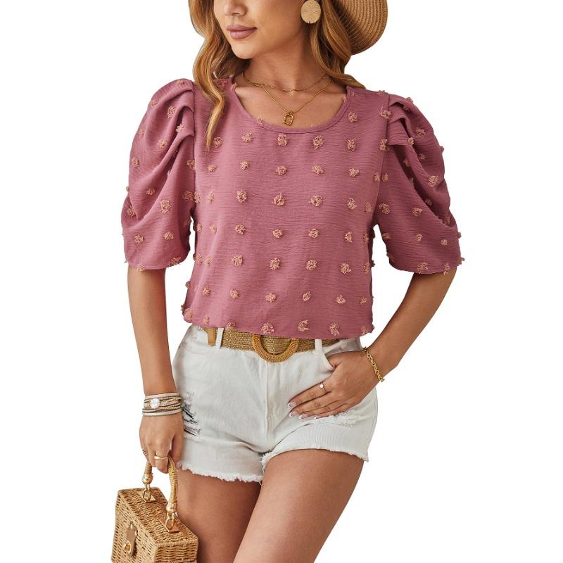 Sommer Damen T-Shirt Gewebter Jacquard Pompon Kurzarm Eckiger Ausschnitt Range Top