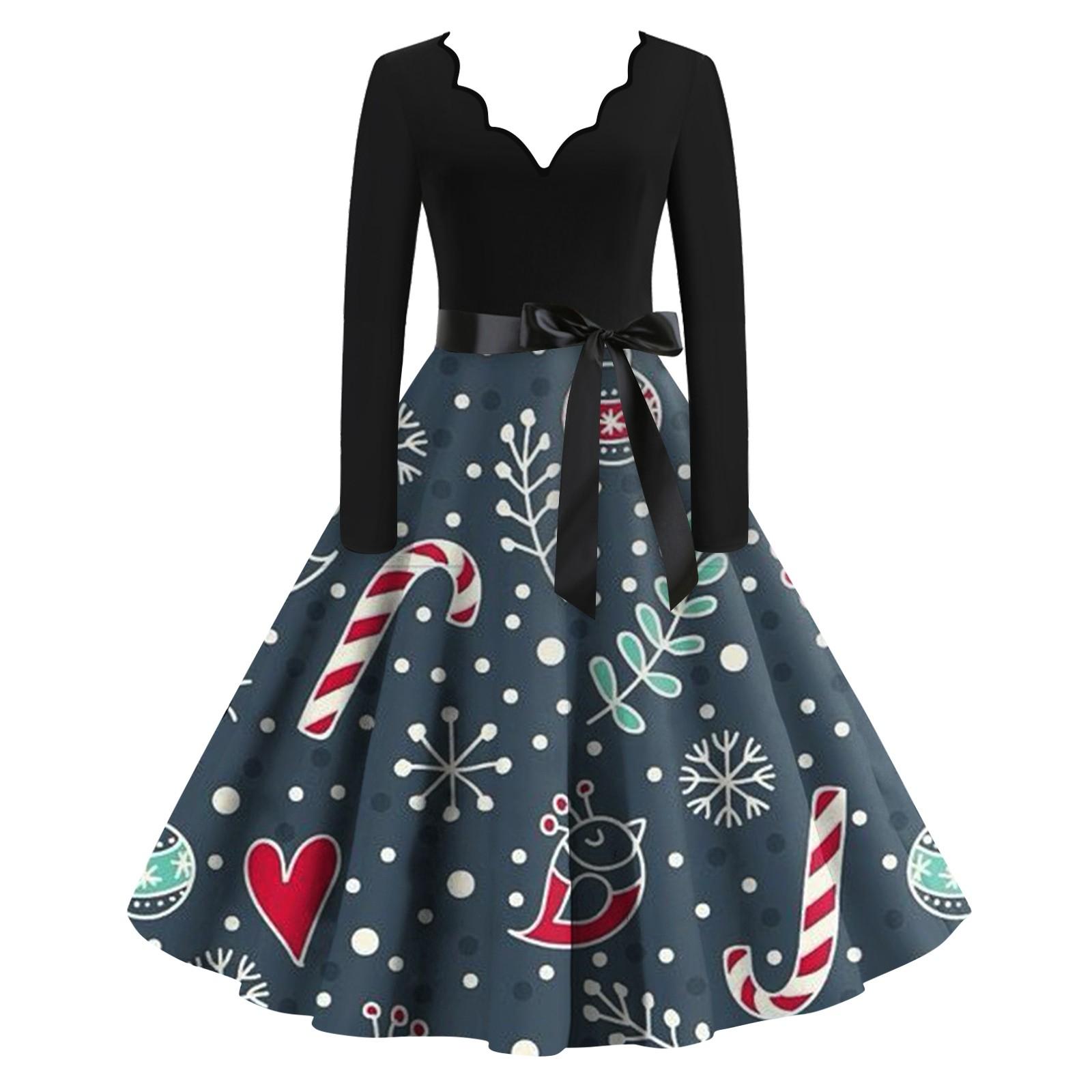 

Жіноча повсякденна модна ретро-сукня з V-подібним вирізом і довгими рукавами з різдвяним принтом, осінь S Темно-синій