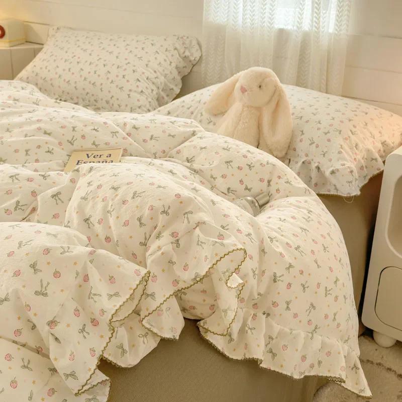 Princess Style Bedding Sets Ruffle Lace Bow Quilt Cover Romantic Bedclothes Decor Woman Girls Bedroom Duvet Cover 4pcs
