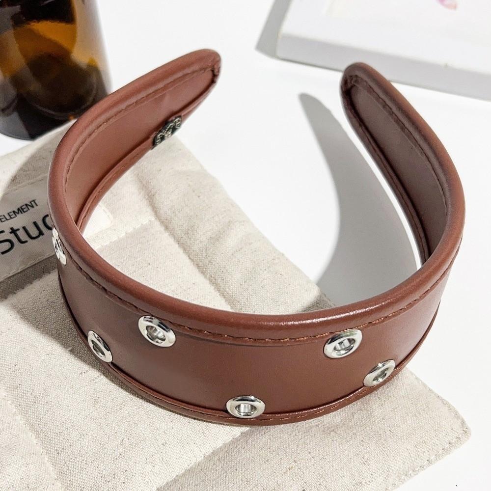 Punk Metal Rivets Headwear Black and Red Hollow Ring Hair Hoop Ins Leather Headband  Urban