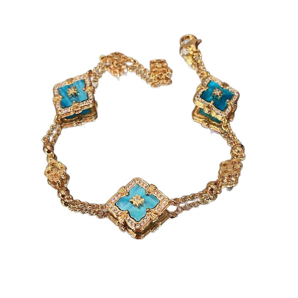 Italienisches Gebürstetes Wasserwellen Blaues Halsketten Armband Set Vielseitige Retro Hof Vierblättriges Kleeblatt Ohrringe