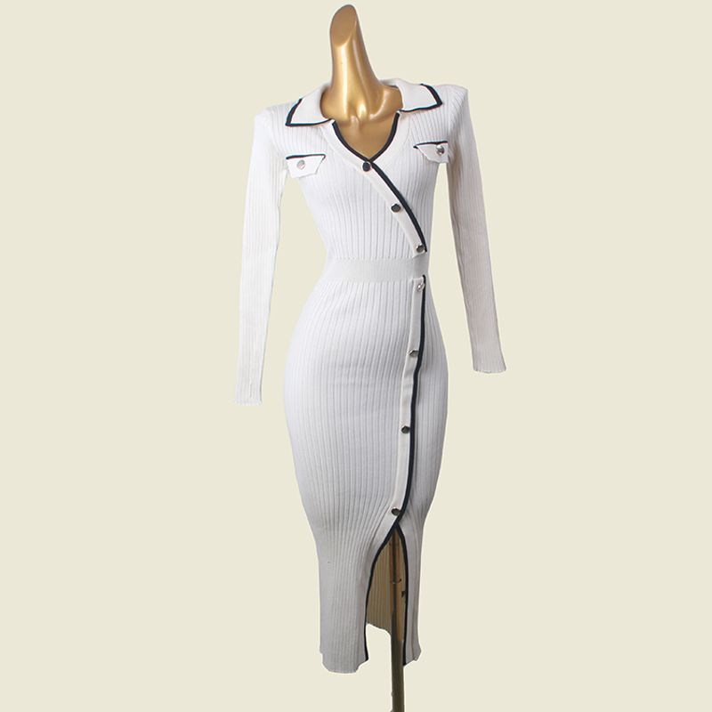 

Fancy Classic Style Split Polo Collar Knitted Long-Sleeved Dress Female Autumn 2024 New Arrival Slim Looking Color Matching Wrapped Skirt Apricot color One size