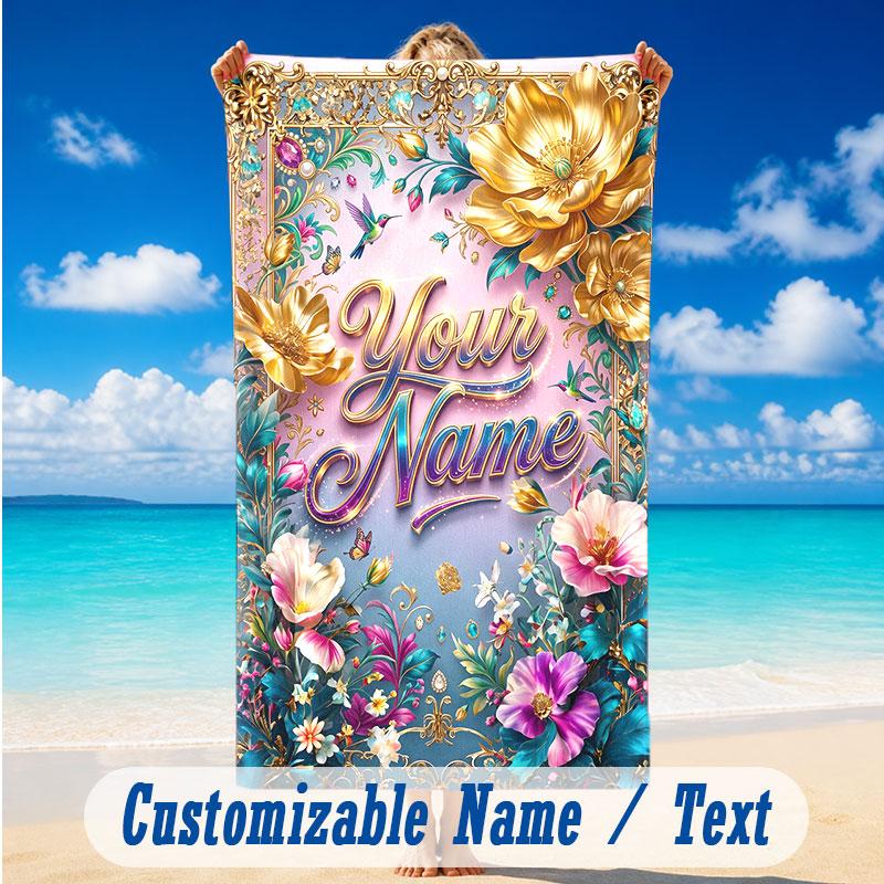 Floral Garden Theme Beach Towel Personalized Custom Name & Text Soft Quick Dry Beach Towel for Swimming Travel