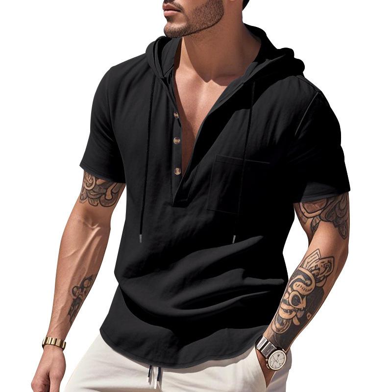 Men's Relaxed Fit Linen Beach Hooded Pocket Henley Short-Sleeved Shirt