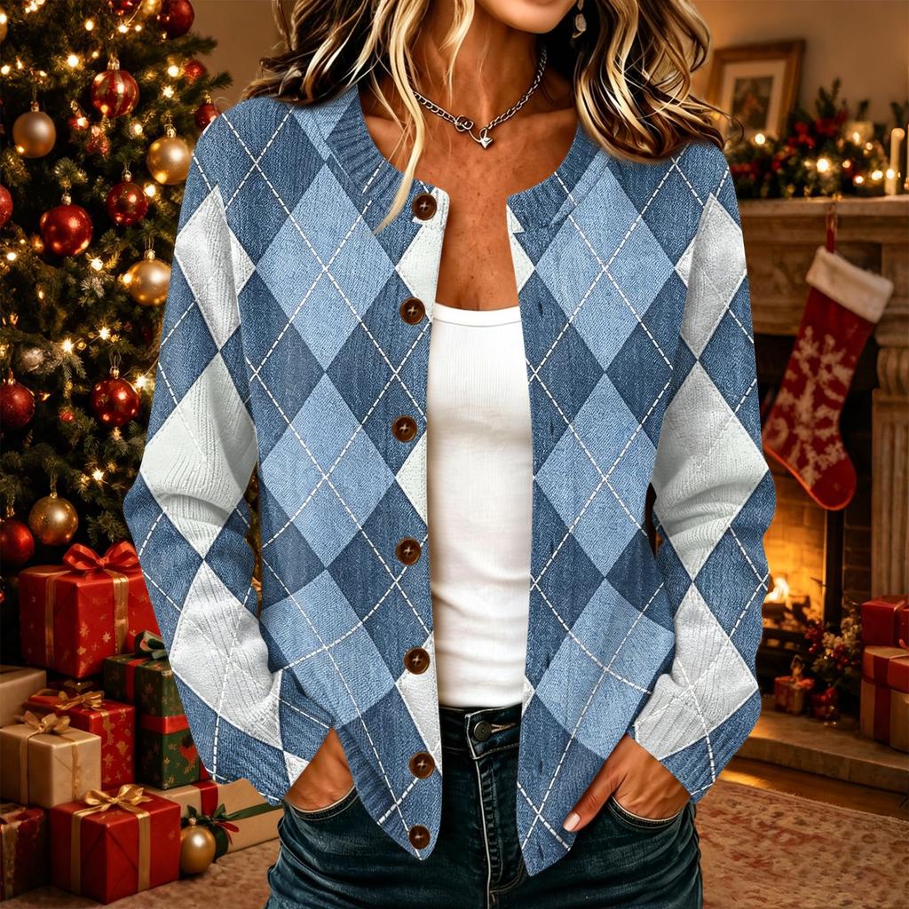 Women's Casual Plaid Print Long Sleeve Button Front Knit Cardigan Sweater for Fall and Winter