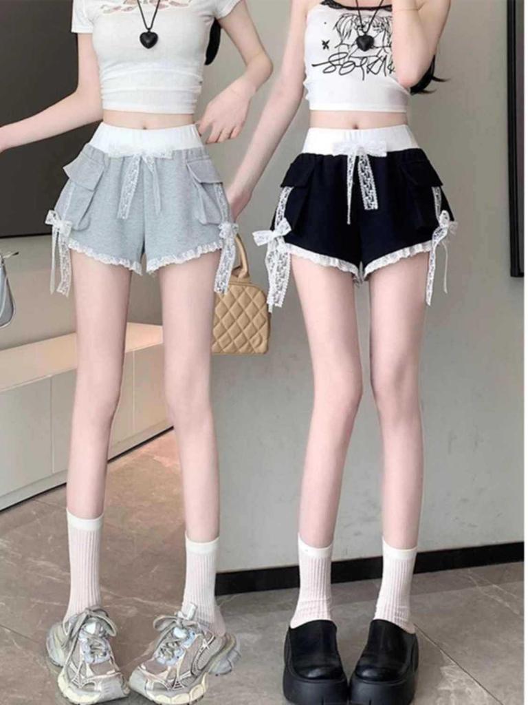 Plus Size Women's Wide-Leg Summer Shorts with Lace Trim & Bow Knot Design