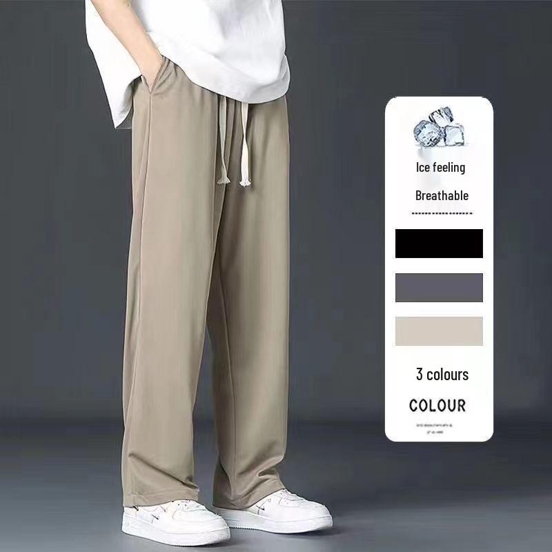 Men's Summer Loose Straight-Leg Wide-Leg Sports Casual Thin Ice Silk Black Pants