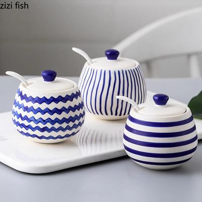 Creative Striped Ceramic Seasoning Jar with Spoon Kitchen Hand-painted Salt Jar Sugar Jar Spice Jars Household Seasoning Tool