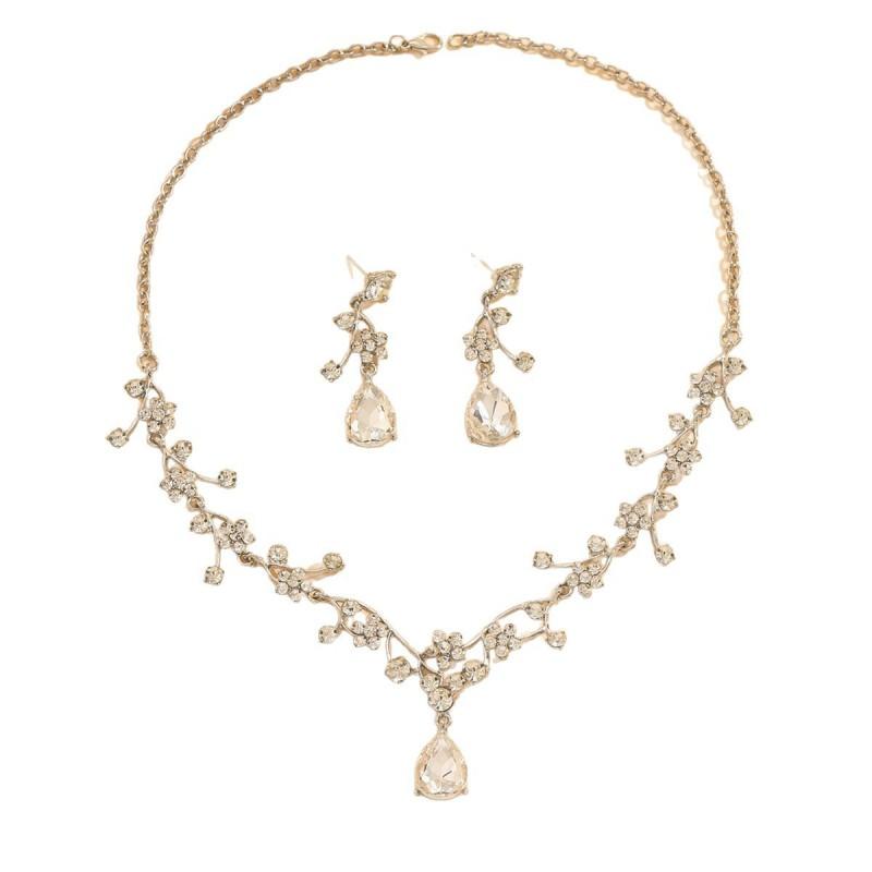 Elegantes Florales Kristall Halskette Ohrring Set Damen Vergoldete Legierung Schmuck Hochzeitsparty Abendkleid