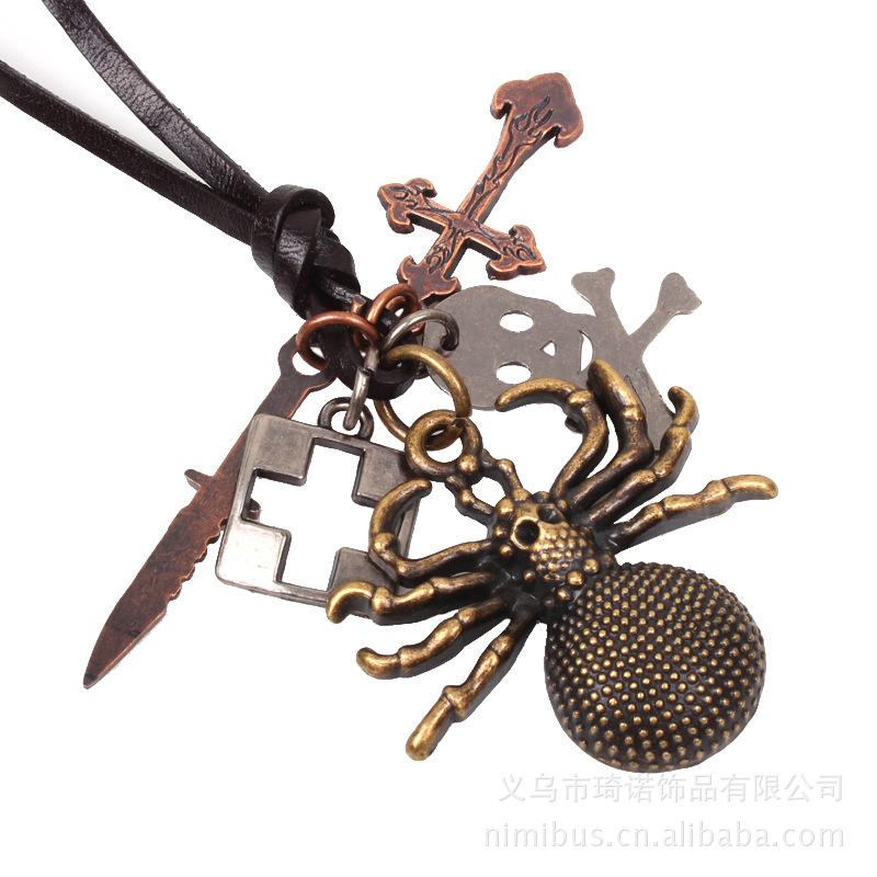 

JMXD-Vintage Gothic Spider Pendant Necklace Men Women Antique Copper Large Charm Real Leather Cord Statement Jewelry Trendy Gift Idea