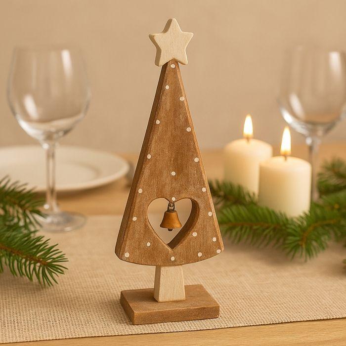 Decorative Fir Tree - SIROCO - 25 Cm - Natural Wood - Openwork Heart - Metal Bell