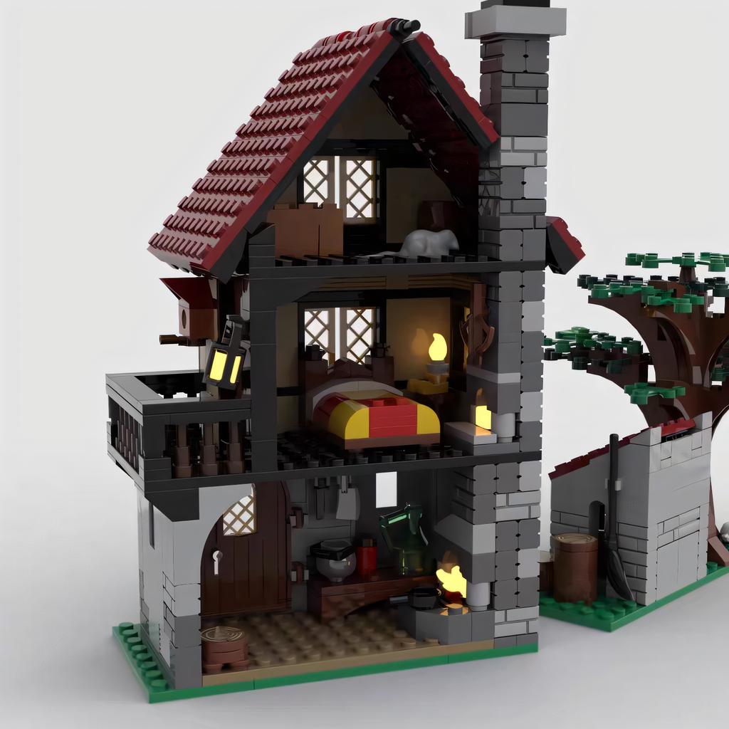 Non-Toxic Moc Medieval Small House Particle Intelligent Assembly Building Blocks Toy Pendulum With Printed Components