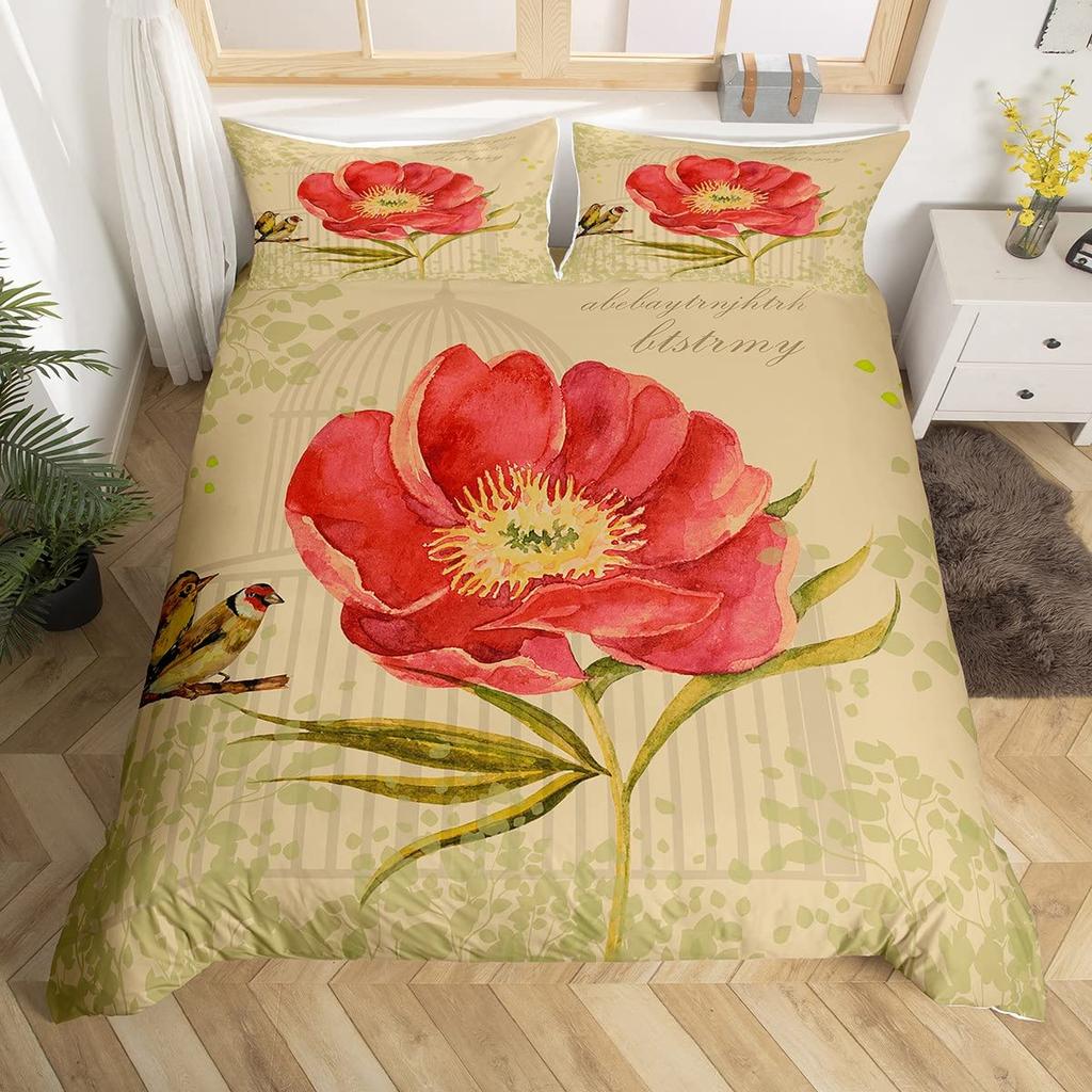 Vintage Flower King Full Queen Duvet Cover Retro Pink Floral Comforter Cover Rose Green Leaves Bedding Set Polyester Quilt Cover