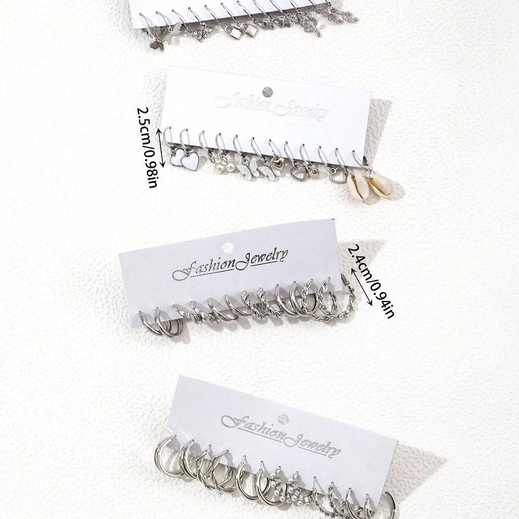 24pairs/set Fashionable Faux Pearl Decor Twist Design Hoop Earrings For Women For Daily Life Heart & Butterfly Drop Earrings