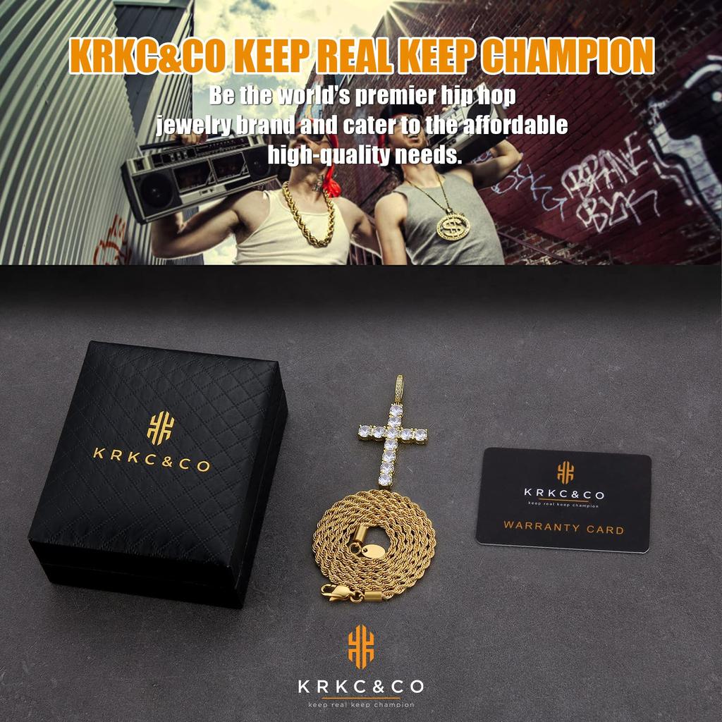Cross Cross Pendant Top with Rope Chain Large CZ 14K Gold Gift KRKC&CO Necklace, [2-Piece Set] Diamond, Zirconia, Plated, Men's Accessories, Stylish,