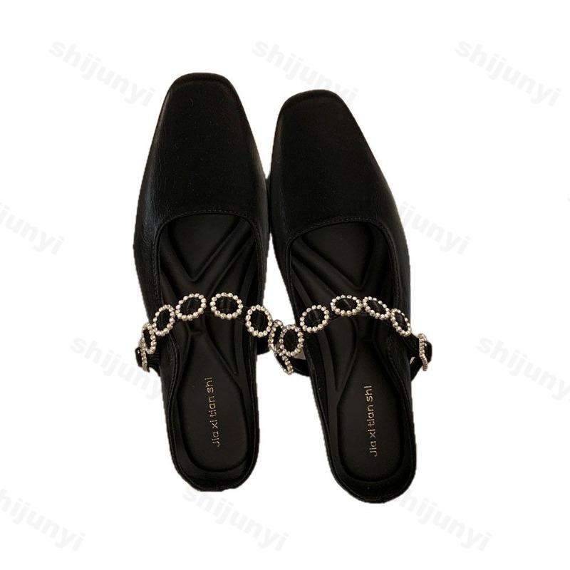 Fashion Women Flats Slippers Crystal Mules Designer Sandals 2025 New Dress Square-toe Leather Slides Summer Slingback Buckle De Mujer