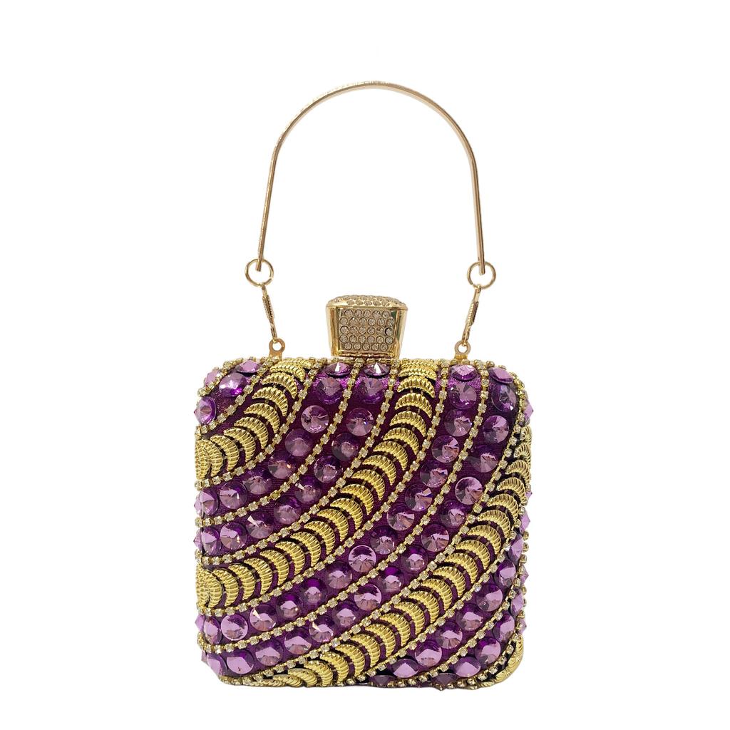 New Woman Bling Gems Evening Clutch Bags Lady Gold/Purple/Blue Diamonds Party Handbag Wedding Bag Bridal Handbags Crystals Purse