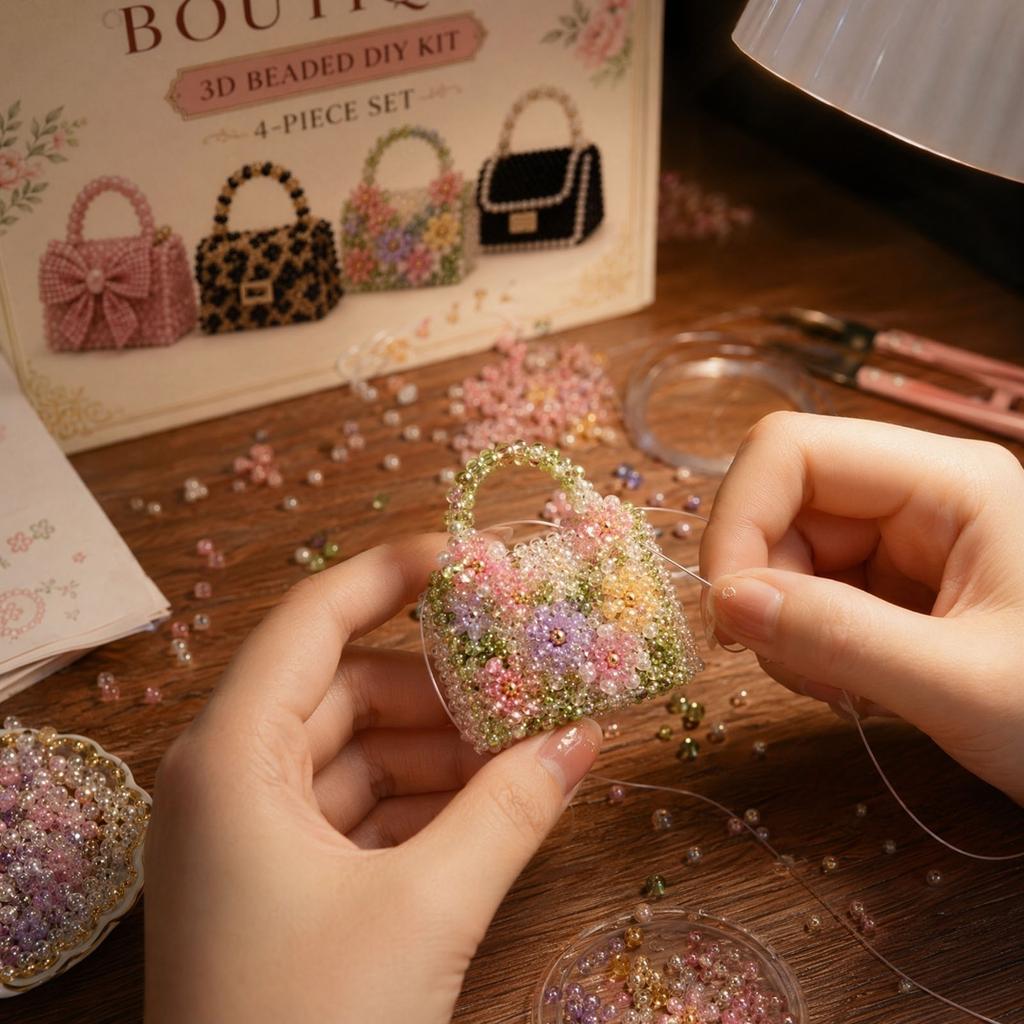 Tiny Bag Boutique 3D Beaded DIY Kit Four Piece Set Includes Beaded Handbag Models with Detailed Beading and Crafting Materials for Creative Assembly