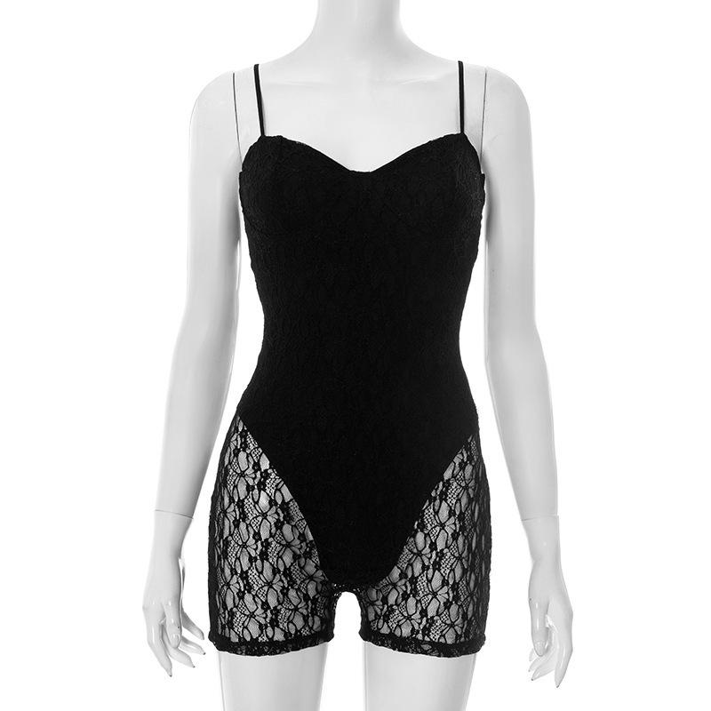 Европейский стиль, кружевной пэчворк, без спинки, комбинезон-ромпер с имитацией двух предметов для женщин