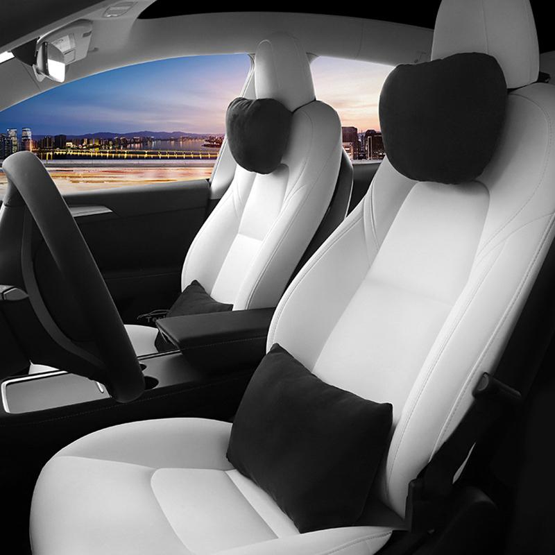 For Tesla Model 3 Y Flocking/Leather Car Seat Neck Pillow Soft Memory Neck Pillow Headrest Lumbar Support Car Universal