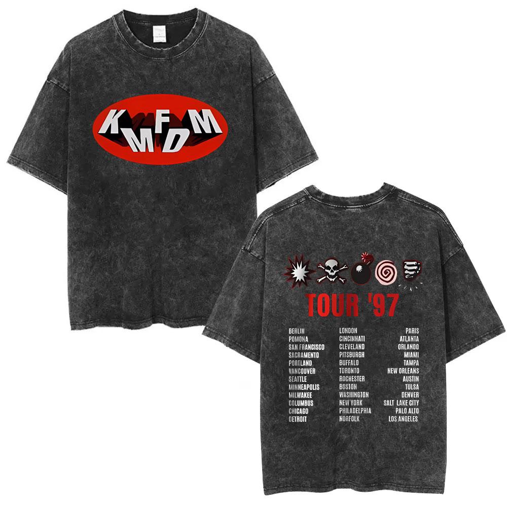 Washed Vintage Rock Band Kmfdm Angst Graphic Tshirt Men Women Retro Gothic Punk Streetwear Mens Casual Pure Cotton T Shirts