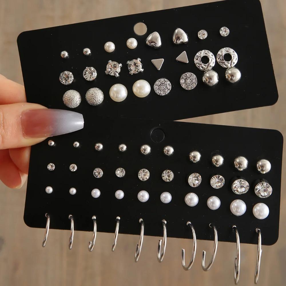 Women Pearl Stud Earrings Set Geometric Crystal Small Earrings 20-30 Pairs Fashion Jewelry
