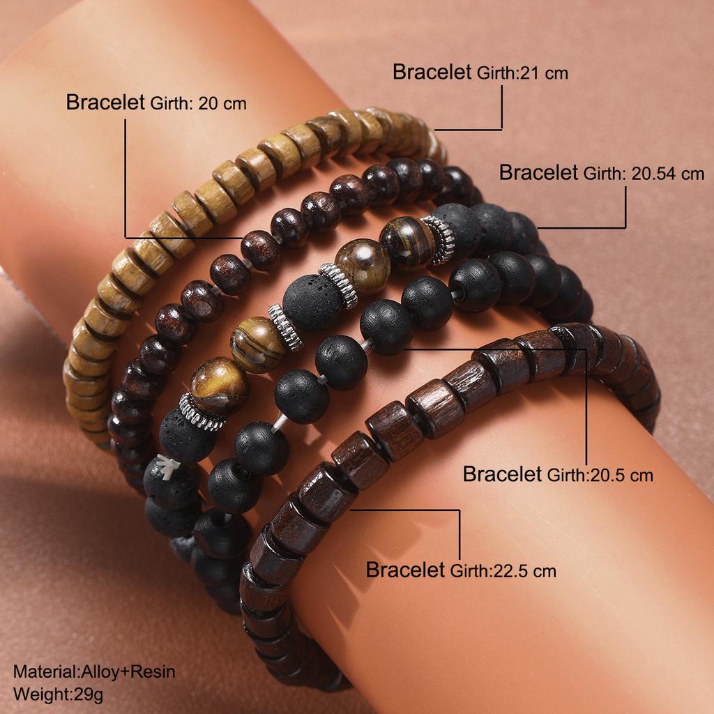 5Pcs/Set Black Gall Stone Volcanic Stone Wood Beads Multi-layer Men's Combination Elastic Bracelet For Couple Friends Jewelry