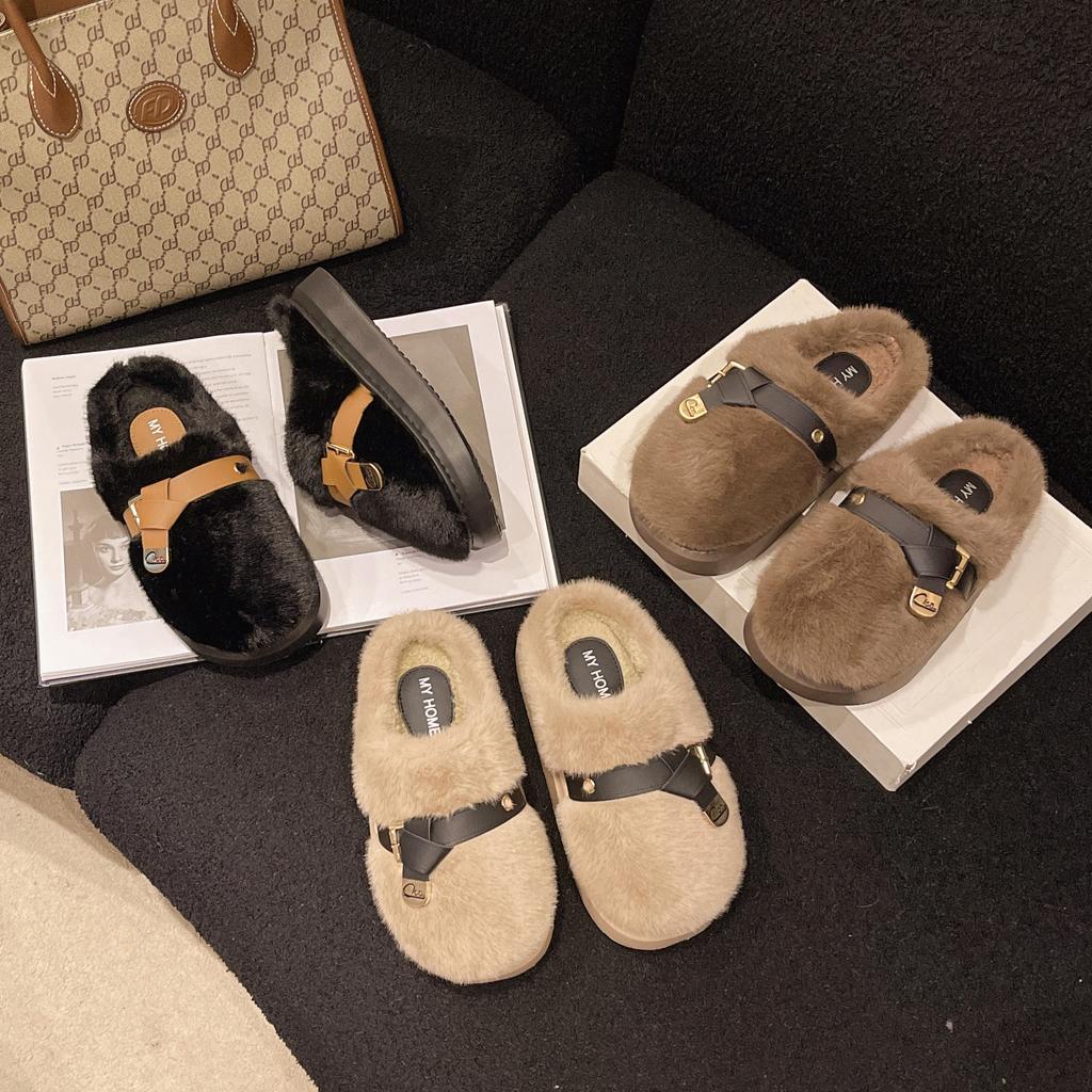 Thick-bottomed fluffy slippers for women to wear new autumn and winter bag head drag fashion plush home cotton slippers