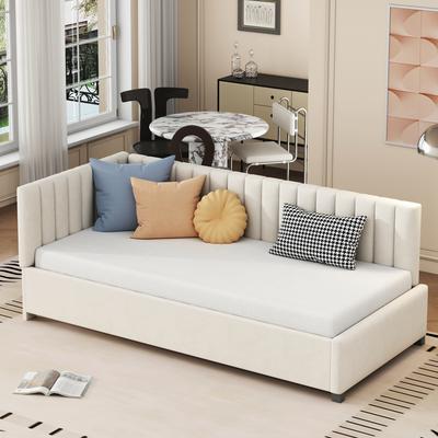 Upholstered Bed Sofa Bed 90*200 Multifunctional Bed with Slatted Frame Skin-friendly Velvet Fabric Beige