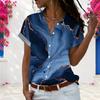 Women Blue Marble Gold Foil Print Short Sleeve Button Down Shirt V Neck Lapel Casual Loose Blouse For Summer Daily Wear