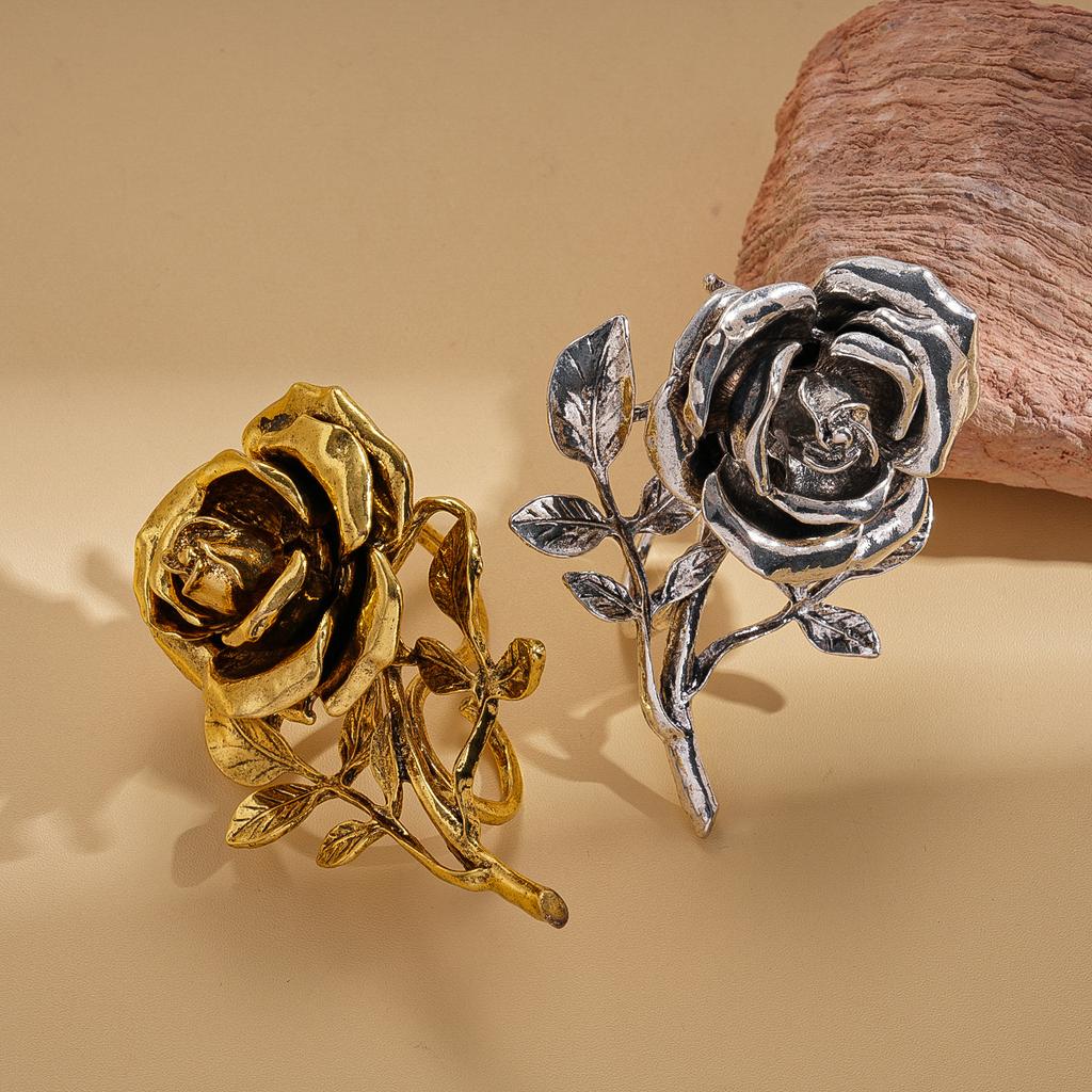 European and American Exaggerated Rose Flower Pleated Double Finger Ring Retro Old Personality Environmental Protection Niche Jewelry 