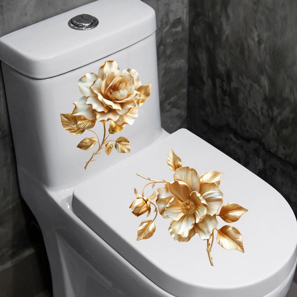 2 Beautiful Golden Flower Toilet Stickers Bathroom Toilet Lid Decorative Stickers Waterproof Self-adhesive