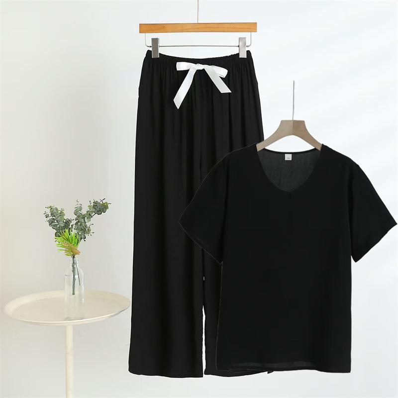 2025 Summer Floral Cotton & Rayon Women's Short-Sleeve V-Neck Top and Wide-Leg Pants Set for Middle-Aged & Elderly Moms