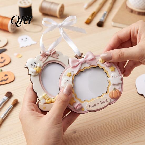 Desktop Picture Holder Mini Halloween Frame, Small Cute Ghost Pumpkin Photo Frame Ornament, Lightweight Wooden Decorative Postcard for Tree,
