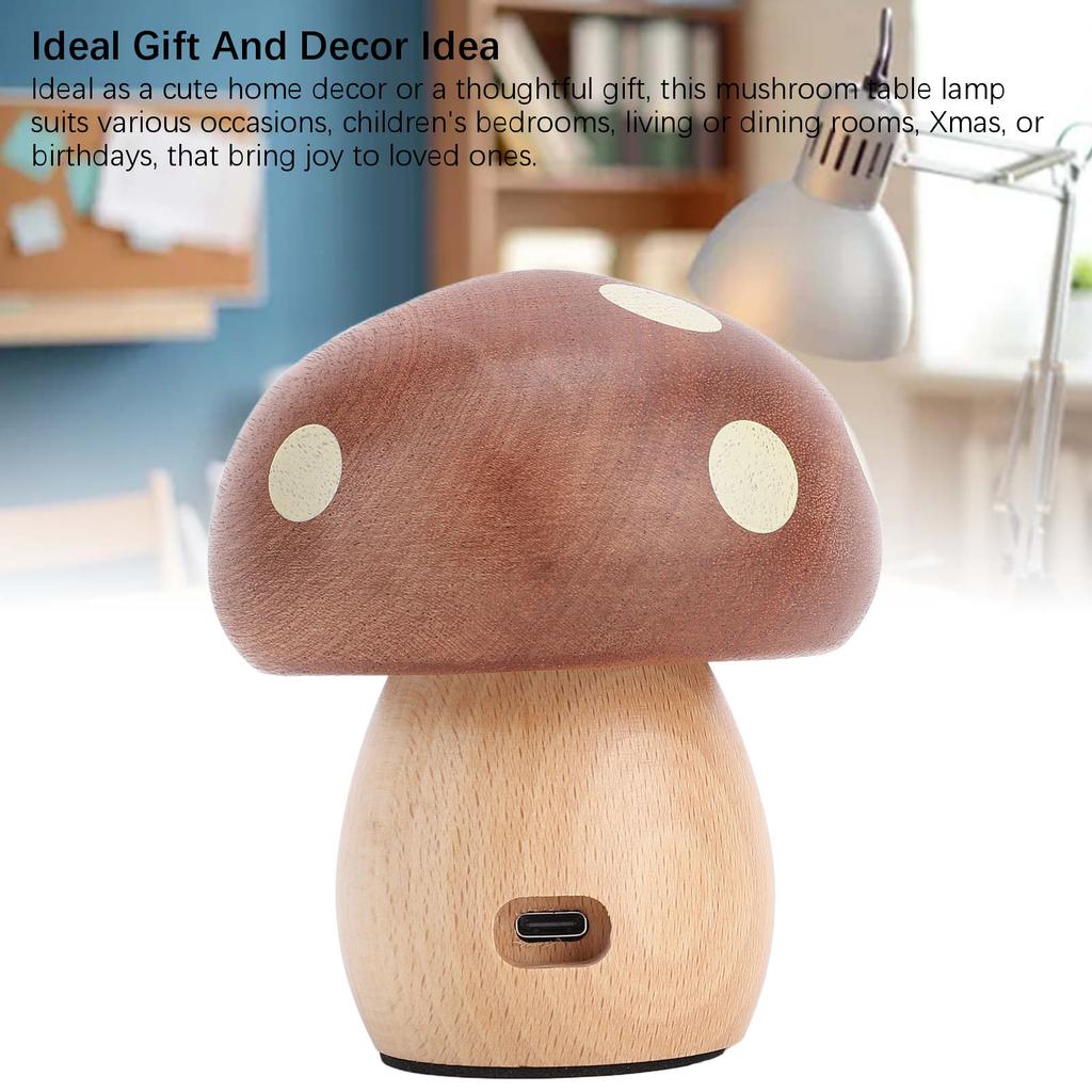 Mushroom LED Table Lamp Wooden Warm Light Stepless Dimming Rechargeable Bedside Nightstand Lamp for Bedroom Home Decoration