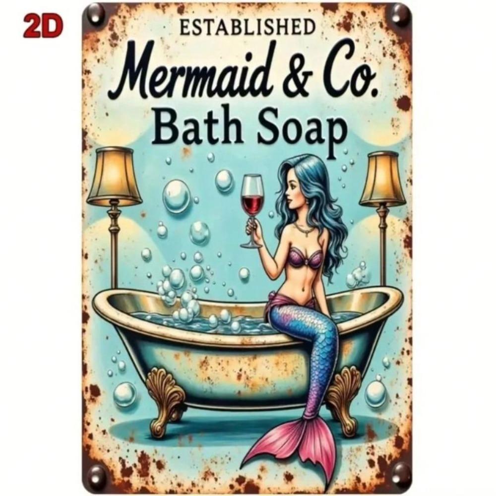 Vintage Mermaid Bath Tub Tin Sign, Rustic Metal Poster Wall Art Decor 8x12 Inch for Kitchen