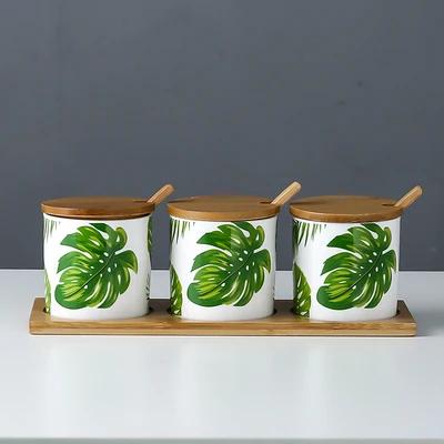 Kitchen seasoning tools ceramic seasoning jar set marble pattern cruet bamboo tray kitchen supplies seasoning box salt shaker