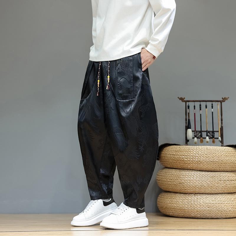 Men's Blue Dragon Jacquard Harem Pants Satin Drawstring Wide Leg Trousers
