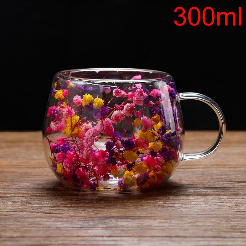 1Pcs Dried Flower Decorative Milk Tea Cup 150/300Ml Double-Layer Dried Flower Glass Cup High Temperature Resistant Coffee Cup