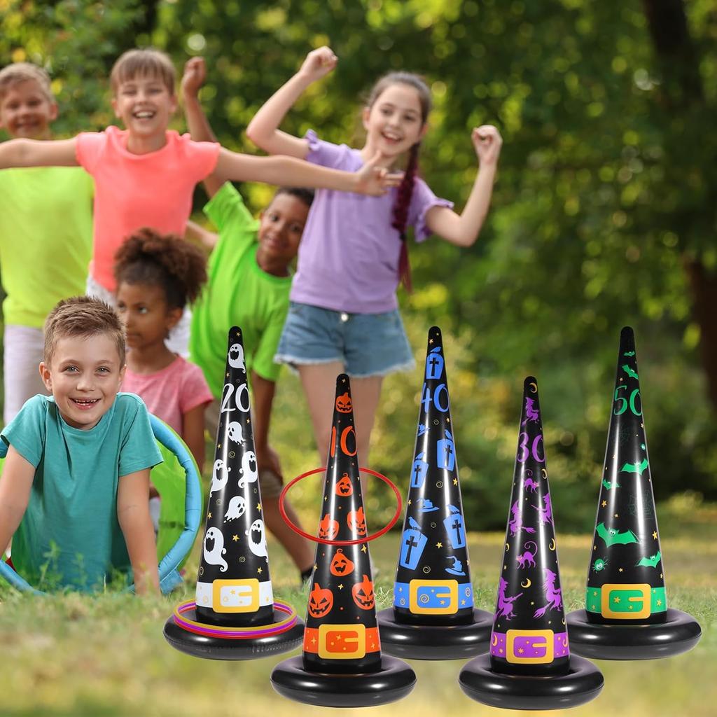 Jeux de lancer d'anneaux d'Halloween Jeux de lancer d'anneaux Chapeau de sorcière gonflable pour enfants Adultes Cadeau de fête d'Halloween Jeux Intérieur Extérieur