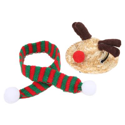Bearded Dragon Santa Hat Scarf Reptile Adjustable Straw Elk Hat and Scarf Christmas Costume for