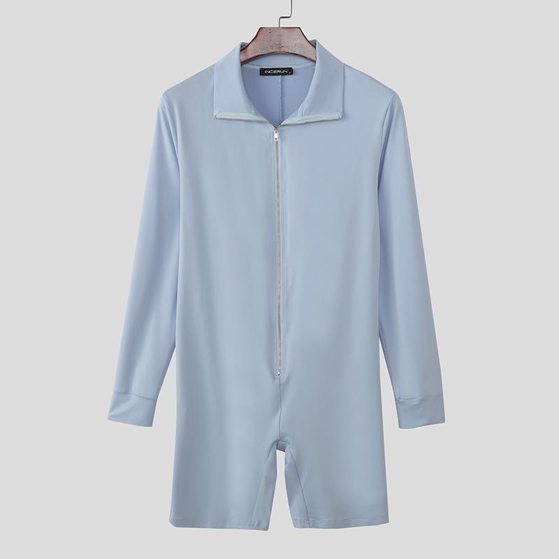 INCERUN Men High Neck Long Sleeve Zip-up Rib Jumpsuits Rompers Underwear