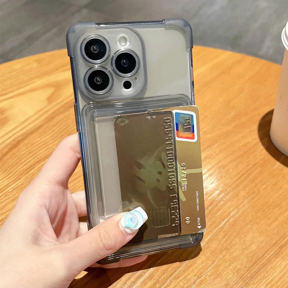 Four Corner Anti Falling Card Slot Bag Transparent Phone Case For iPhone 13 12 11 14ProMax 15ProMax 15 Plus Soft Silicone Cover