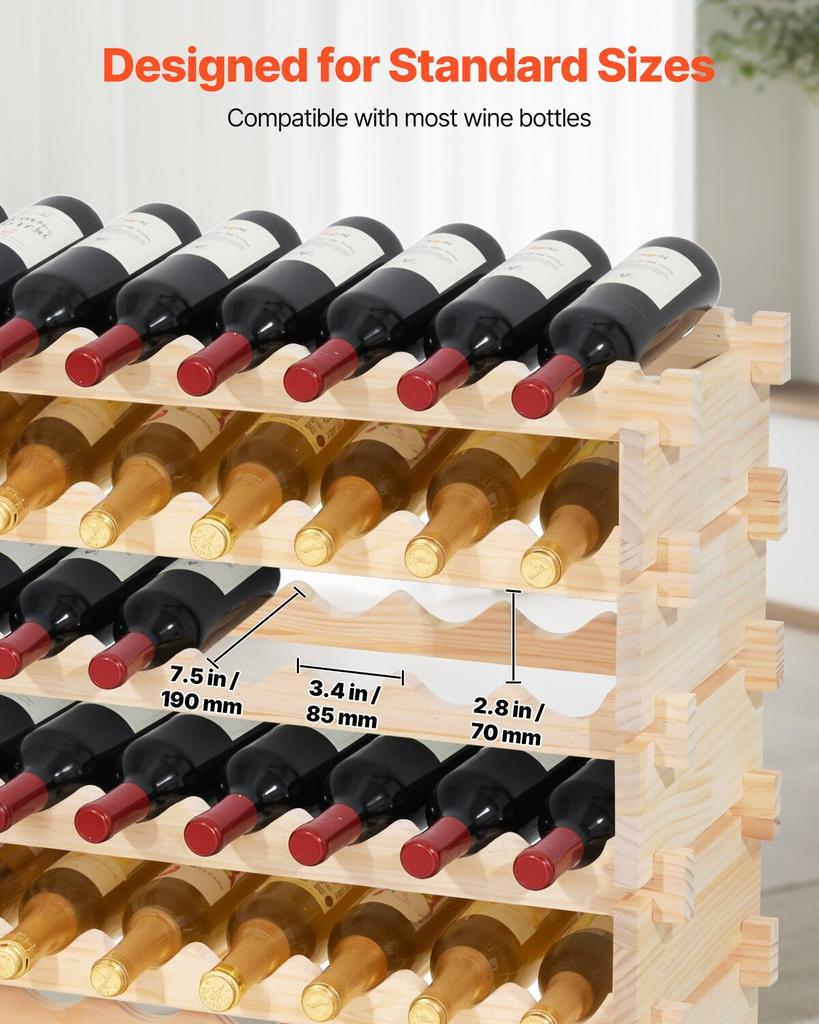 96 Bottle Stackable Modular Wine Rack, 8-Tier Wine Bottle Holder,Solid Wood Floor Freestanding Wine Storage Rack For Pinot Noir bottles,For Kitchen,