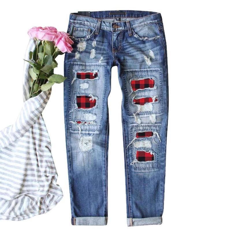 Womens Straight Fit Denim Jeans With Red Plaid Patchwork Distressed Ripped Detail