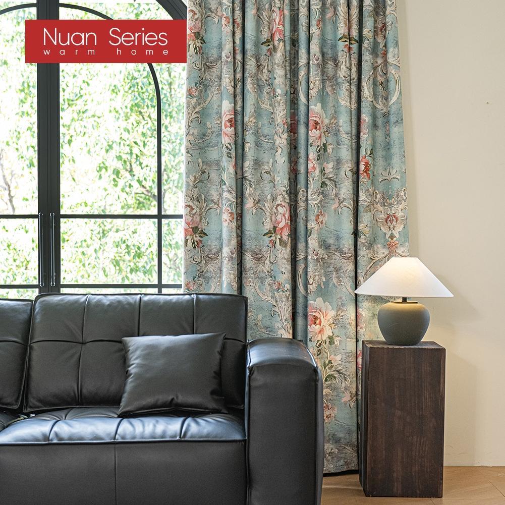 1PC Nuan Series French Idyllic Style Blackout Curtains Blue Bottom Peony Print Curtains Thick Curtains for Bedroom Living Room Window for Home Decor