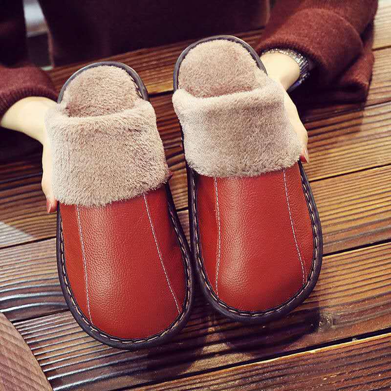 Unisex Genuine Leather Cowhide Slippers: Non-Slip, Warm Indoor Cotton Slippers for Autumn and Winter